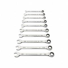 GEARWRENCH Combination Ratcheting Wrench Set: Alloy Steel, Full Polish Chrome, 10 Tools, Std, SAE (MPN 86958). Key specifications — attr309581: Full Polish Chrome; attr309580: Alloy Steel; attr309571: No; attr309583: No; attr309587: Yes; attr324931: GEARWRENCH; attr309569: 1/4 in to 3/4 in.