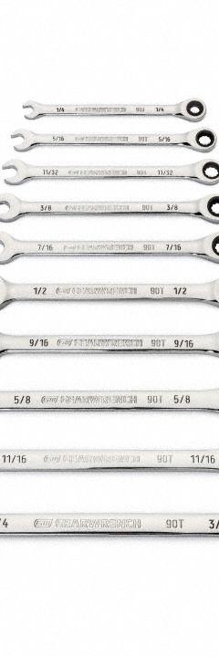 GEARWRENCH Combination Ratcheting Wrench Set: Alloy Steel, Full Polish Chrome, 10 Tools, Std, SAE (MPN 86958). Key specifications — attr309581: Full Polish Chrome; attr309580: Alloy Steel; attr309571: No; attr309583: No; attr309587: Yes; attr324931: GEARWRENCH; attr309569: 1/4 in to 3/4 in.