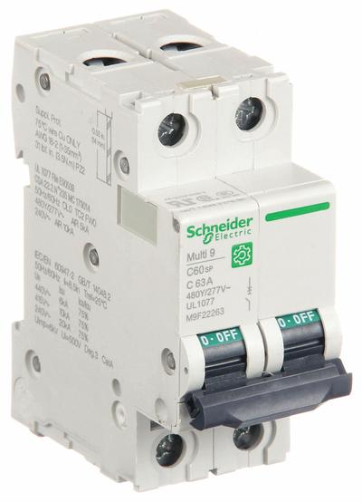 SCHNEIDER Supplementary Protector: 63 A Amps, 10kA at 240V AC, Screw Clamp, C60SP - C-Curve, 2-Pole UL1077 DIN Rail-Mount Supplementary Protectors