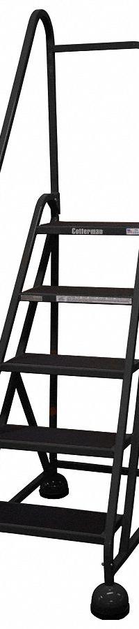 COTTERMAN Rolling Ladder: 3.8 ft Platform Ht, Partially Assembled, Steel, Wt-Actuated Auto-Lock (MPN ST-522 A2 C7 P5). Key specifications — Includes Handrails: Handrails Included; Material: Steel; Brand: COTTERMAN; Color: Black.