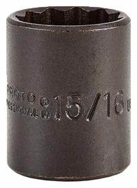 PROTO Socket: 1/2 in Drive Size, SAE, 15/16 in Socket Size, 12-Point, Std, 1 9/16 in Overall Lg (MPN J5430B). Key specifications — attr1215501: PROTO; attr1215515: Black Oxide; attr1215518: 15/16 in.