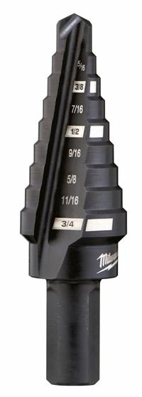 MILWAUKEE Step Drill Bit: 1/4" to 3/4", Black Oxide HSS, 3-Flats Shank (MPN 48-89-9203). Key specifications — attr1234936: Not Impact Rated.