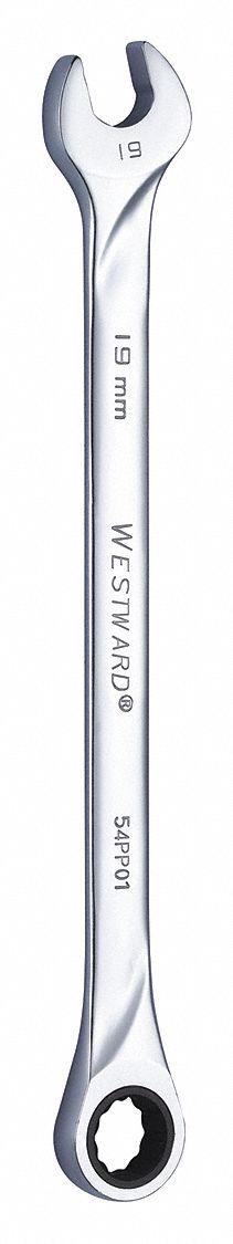 WESTWARD Combination Wrench: Alloy Steel, Chrome, 19 mm Head Size, 12 in Overall Lg, Std (MPN 54PP01). Key specifications — attr309600: 19 mm; attr309611: Chrome; attr309610: Alloy Steel; attr309604: No; attr309612: No; attr309613: No; attr309615: No; attr324932: WESTWARD.