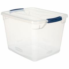 RUBBERMAID Storage Tote: 7.5 gal, 18 3/4 in x 13 3/8 in x 10 1/2 in, Clear Body, Clear Lid, Clear (MPN RMCC300014). Key specifications — attr1188666: Plastic; attr1188671: Rounded; attr1188675: Clear; attr1188676: Clear; attr1188687: RUBBERMAID; attr1188688: Not NSF Certified; attr1188689: Nesting Capable.