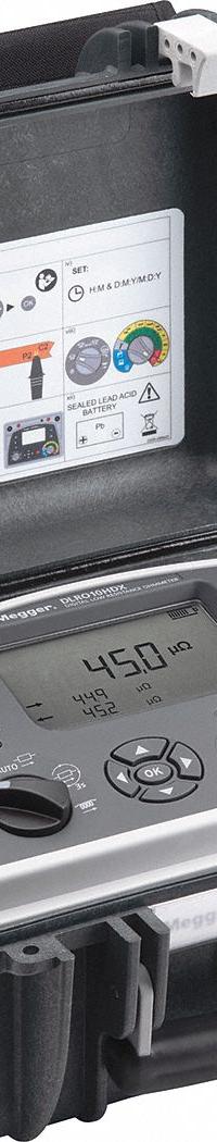 MEGGER Micro Ohmmeter: 0 kiloohm to 250 microohm, CAT III 300V, Digital, USB, IP54/IP65, Low Resist (MPN DLRO-10HDX-KC1-TL3-C-P3). Key specifications — Brand: MEGGER; IP Rating: IP54; CAT Safety Rating: CAT III 300V; Tester Type: Micro Ohmmeter.