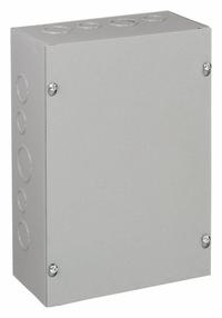 HOFFMAN Enclosure: Steel, 18 in x 12 in x 4 in, NEMA 1, Solid Cover, Screw On, Included, Painted (MPN ASE18X12X4). Key specifications — Brand: HOFFMAN; Closure Method: Screws; Knockouts: Included.