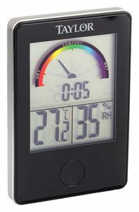 TAYLOR Digital Hygrometer: 20%to 90% Humidity Range, Comfort Index, Built-In (MPN 1732). Key specifications — Primary Scale: Comfort Index; Secondary Scale: Humidity/Temperature/Time; Display Type: Digital; Brand: TAYLOR.