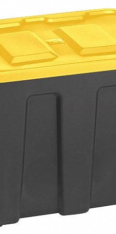 DURABILT Storage Tote: 18 gal, 22 1/2 in x 17 1/2 in x 16 1/2 in, Black Body, Yellow Lid, Yellow (MPN 6921GRBKYL.08). Key specifications — Material: Plastic; Edge/Corner Design: Rounded; Body Color: Black; Lid Color: Yellow; Brand: DURABILT; NSF Certified: Not NSF Certified; Nestable: Nesting Capable.