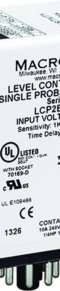 MACROMATIC Level Control Relay: Socket Mounted, Dual Probe, 10 A Current Rating, 120V AC, Pump Up (MPN LCP2C100). Key specifications — Contact Rating (AC): 10 A @ 240V AC; Contact Rating (DC): 7 A @ 28V DC; Electrical Connection: 8-Pin Terminal; Mounting Style: Socket; Number of Probes: Dual Probe; Relay Function: Pump Up; Status Indicator: LED Indicator; Brand: MACROMATIC.