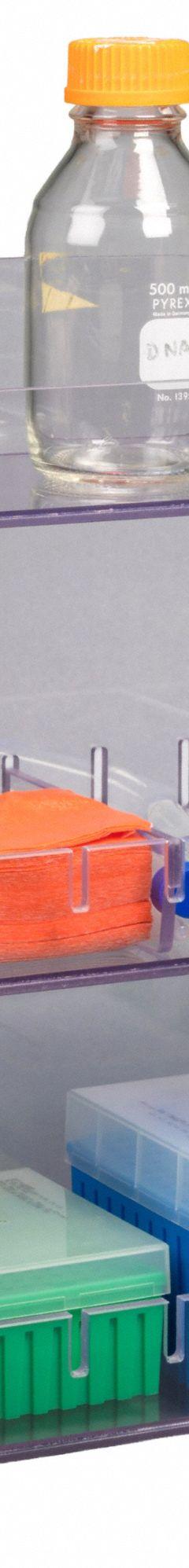 Lab Bulk Bin: 6 1/2 in Overall Wd, 18 3/8 in Overall Ht, 18 3/4 in Overall Lg, PETG, Clear, Benchtop (MPN BENCHTOP18-PIPTRBRK). Key specifications — Material: PETG; Mounting Location: Benchtop; Color: Clear; Product Type: Multi Organizer; Total Holding Capacity: (3) Levels for Misc Lab Supplies; Brand: POLTEX.