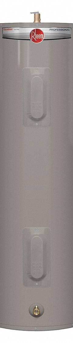 RHEEM Electric Water Heater: 240V AC, 40 gal, 4,500 W, Single Phase, 48.3 in Ht, 21 gph @ 90°F (MPN PROE40 M2 RH95). Key specifications — Phase: Single; Brand: RHEEM.