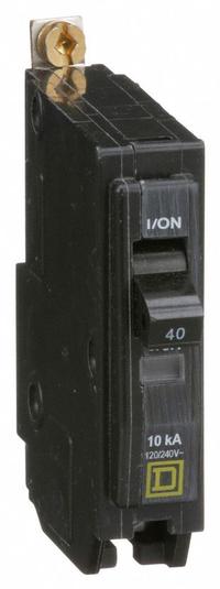 SQUARE D Miniature Circuit Breaker: 40 A, 120/240V AC, Single Phase, 10kA at 120/240V AC, 1 Poles (MPN QOB140). Key specifications — Phase: Single; Amps: 40 A; AC Voltage Rating: 120/240V AC; Max. AIR Rating: 10kA at 120/240V AC; For Use With: Square D NQOD Panelboards; Brand: SQUARE D.