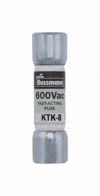 BUSSMANN Fuse: KTK Series, Midget, Fast-Acting, 8 A, 600 V AC, 13/32 in x 1 1/2 in, Non-Indicating (MPN KTK-8). Key specifications — attr1287209: KTK; attr211192: BUSSMANN.