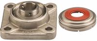 NTN 4 Bolt Flange Bearing: Radial Ball, 1 7/16 in Bore, SS, Set Screws, 4 19/32 in Lg, 1 3/4 in Wd (MPN SUCF207-23C0FG1). Key specifications — Bore Type: Cylindrical; Brand: NTN; Lubricant Material: FDA/USDA-H1 Solid Grease; Mounting Bolt Size: 1/2 in; System of Measurement: Inch; Included Bearing Cap: Open Cap.