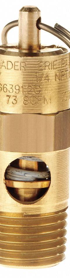 CONRADER Safety Valve: Soft Seat, 1/4 in (M)NPT Inlet (In.), 3/16 in (F)NPT Outlet (In.), Brass (MPN SRV187-1/4-75). Key specifications — attr291993: Soft Seat; attr291998: Brass; attr292007: Silicone; attr292009: Brass; attr294753: CONRADER.