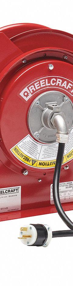 REELCRAFT Extension Cord Reel: Ratchet Lock, 45 ft Cord Lg, 12 AWG, SJEOOW, 5-20R Cord Lg, 5-20P (MPN L 4545 123 7A). Key specifications — Retractable Cord Ending NEMA Configuration: 5-20R; Feeder Cord Ending NEMA Configuration: 5-20P; Brand: REELCRAFT.