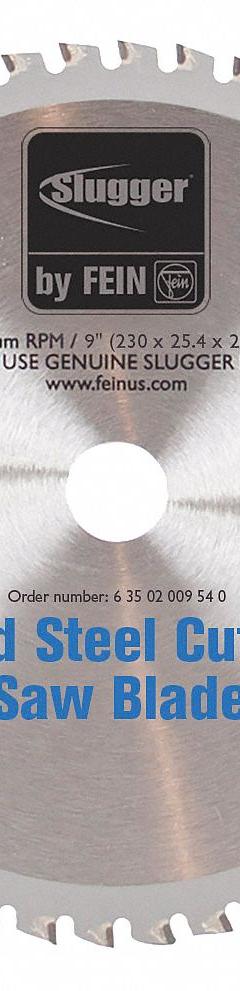 FEIN Circular Saw Blade: 9 in Blade Dia., 48 Teeth, 0.08 in Cut Wd, 1 in Arbor Size, Thick Metal (MPN 63502009540). Key specifications — attr1116119: FEIN; attr1145631: Steel.