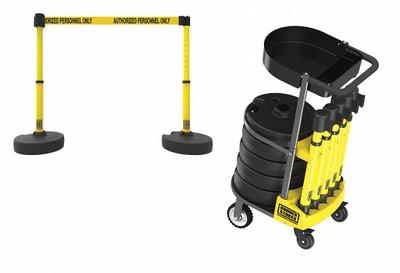 BANNER STAKES Belt Barrier System: 42 in Post Ht, 15 ft Belt Lg, Yellow, 6 No. of Posts - Mobile Retractable Belt Barrier Systems