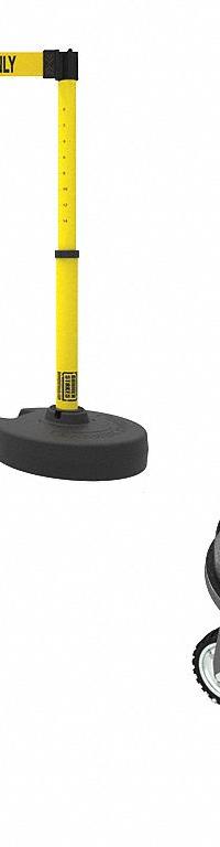 Belt Barrier System: 42 in Post Ht, 15 ft Belt Lg, Yellow, 6 No. of Posts, Message, Fillable Base (MPN PL4004T). Key specifications — Brand: BANNER STAKES; Base Shape: Round Flat; Belt Color: Yellow; Message: Authorized Personnel Only; Post Color: Yellow; Includes: Accessory Tray; Belt Type: Message.