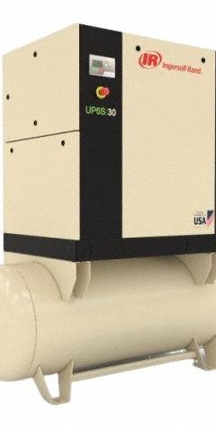 INGERSOLL RAND Rotary Screw Air Compressor: Horizontal, 25 hp, 98 cfm, 120 gal Tank, 200V AC (MPN UP6S-25-125). Key specifications — attr48606: Three; attr48593: 200V AC; attr48578: INGERSOLL RAND; attr110305: Not Included.