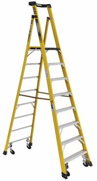 WERNER Podium Stepladder: 10 ft Ladder Size, Fiberglass, 375 lb Load Capacity, 54 lb Wt (MPN PD7308-4C). Key specifications — Brand: WERNER; Included Features: Casters.