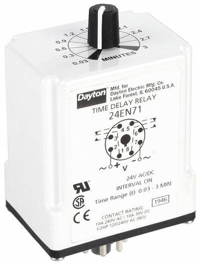 Dayton Single Function Time Delay Relay: Socket Mounted, 24V AC/DC, 10 A, 8 Pins/Terminals - Socket-Mounted Relays