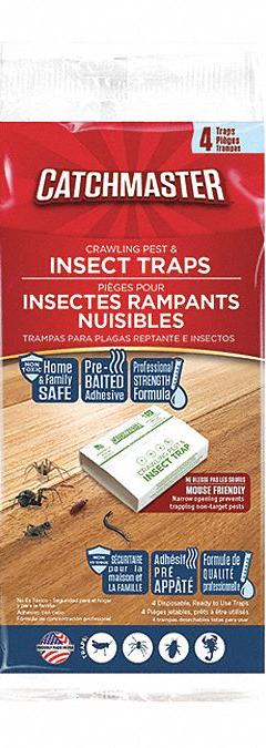 CATCHMASTER Glue Trap: For Use On Crawling Insects, Bait Board Trap, Indoor/Outdoor Use, 4 PK (MPN 724). Key specifications — Brand: CATCHMASTER; Indoor/Outdoor Use: Indoor/Outdoor; Insect Group: Crawling; Targeted Insects: Spiders; Trap Style: Bait Board.