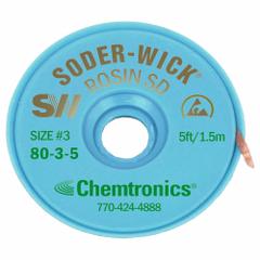 CHEMTRONICS Desoldering Braid: Rosin Flux, # 3, 0.08 in, 5 ft, Green, ESD-Safe (MPN 80-3-5). Key specifications — Color: Green; Brand: CHEMTRONICS; Manufacturer Part Number: 80-3-5.