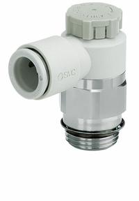 SMC Speed Control Valve: Elbow Fitting, Screw, 1/4 in/1/8 in Valve Body Size, 5/16 in Tube (MPN AS2201FG-N02-09SA). Key specifications — attr947203: Stainless Steel; attr947205: SMC.