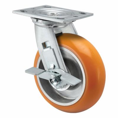 PEMCO Caster: Swivel, Side Brake, Polyurethane, 5 in Wheel Dia, 2 in Wheel Wd - Medium-Duty Plate Casters