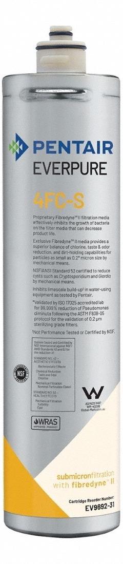 EVERPURE Quick-Connect Water Filter: 0.2 micron, 2.5 gpm, 14 1/2 in Overall Ht, 15,000 gal, 6 PK (MPN EV969237). Key specifications — Brand: EVERPURE; Reduces: Chlorine Odor; Filter Media: Carbon.