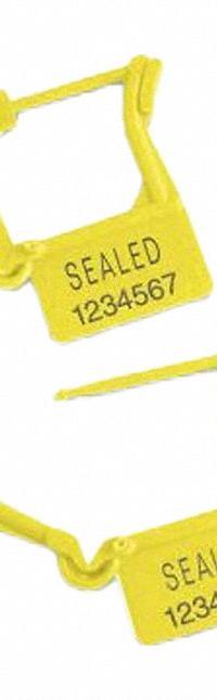 TYDENBROOKS Padlock Seals: Yellow, Plastic, 8 lb Breaking Strength, 1 53/100 in Lock Lg, 1,000 PK (MPN 6320000-6). Key specifications — Brand: TYDENBROOKS; Marking Color: White; Marking Included: Numbers; Marking Message: Sealed; Marking Numbering: Sequential; Lock Material: Plastic.