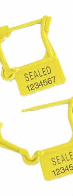 TYDENBROOKS Padlock Seals: Yellow, Plastic, 8 lb Breaking Strength, 1 53/100 in Lock Lg, 1,000 PK (MPN 6320000-6). Key specifications — Brand: TYDENBROOKS; Marking Color: White; Marking Included: Numbers; Marking Message: Sealed; Marking Numbering: Sequential; Lock Material: Plastic.