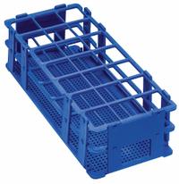Tube Rack: 4 1/8 in Overall Wd, 2 1/2 in Overall Ht, 9 3/4 in Overall Lg, Polypropylene, Blue (MPN F18747-0004). Key specifications — Material: Polypropylene; Mounting Location: Benchtop; Color: Blue; Product Type: Test Tube Rack; Total Holding Capacity: (21) Places; Brand: SP SCIENCEWARE.