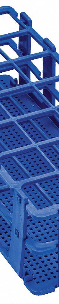 Tube Rack: 4 1/8 in Overall Wd, 2 1/2 in Overall Ht, 9 3/4 in Overall Lg, Polypropylene, Blue (MPN F18747-0004). Key specifications — Material: Polypropylene; Mounting Location: Benchtop; Color: Blue; Product Type: Test Tube Rack; Total Holding Capacity: (21) Places; Brand: SP SCIENCEWARE.