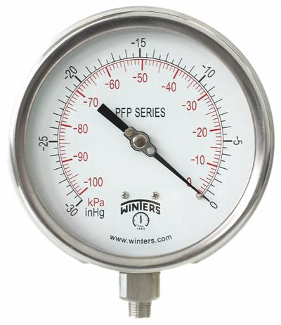 WINTERS Panel-Mount Vacuum Gauge: Back Flange, 4 1/2 in Dial, 1/4 in NPT Male, Bottom - Back-Flange Panel-Mount with Stainless Steel Wetted Parts