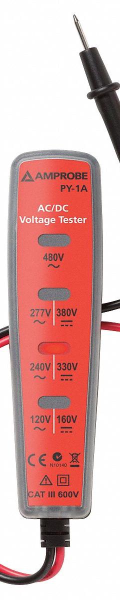 AMPROBE Voltage Detector/Tester: 120 V to 480 V, 160 V to 480 V, Light, CAT III 600V, No Display (MPN PY-1A). Key specifications — Brand: AMPROBE.
