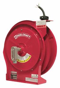 REELCRAFT Extension Cord Reel: Ratchet Lock, 50 ft Cord Lg, 12 AWG, SJEOOW, Bare Wire Cord Lg, Red (MPN L 5550 123 X). Key specifications — Retractable Cord Ending NEMA Configuration: Bare Wire; Voltage: 125/240V AC; Brand: REELCRAFT.
