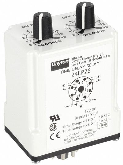 Dayton Single Function Time Delay Relay: Socket Mounted, 12V DC, 10 A - Socket-Mounted Relays