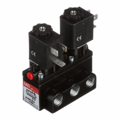 ARO Solenoid Air Control Valve: Alpha, Four-Way / Two-Position, 12V DC, 1/4 in Female NPT - ARO Alpha Series Solenoid-Operated Inline Air Control Valves