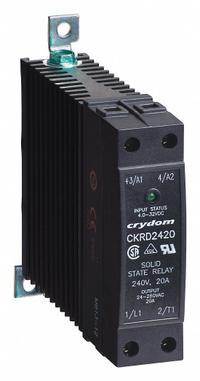 CRYDOM Solid State Relay: DIN-Rail Mounted, 20 A Max Output Current, SCR, AC Output (MPN CKRD2420). Key specifications — Brand: CRYDOM; Current Type: DC; Electrical Connection: Box Clamp; Finger Safe: Yes; Input Current: 8 to 12 mA; Maximum Output Current without Heat Sink: 20 A; Mounting Style: DIN Rail; Output Voltage: 24 to 280V AC.