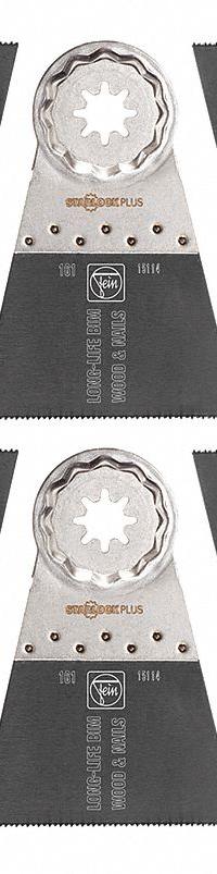 FEIN Oscillating Tool Blade: 2 in Blade Wd, 3 13/16 in Overall Lg, Log Cutting, Bi-Metal, 10 PK (MPN 63502161290). Key specifications — attr1097473: Nail-Embedded Wood; attr1097476: FEIN; attr1097456: Log Cutting.