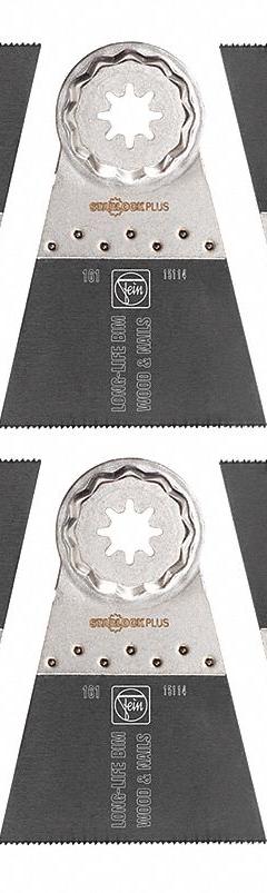 FEIN Oscillating Tool Blade: 2 in Blade Wd, 3 13/16 in Overall Lg, Log Cutting, Bi-Metal, 10 PK (MPN 63502161290). Key specifications — attr1097473: Nail-Embedded Wood; attr1097476: FEIN; attr1097456: Log Cutting.