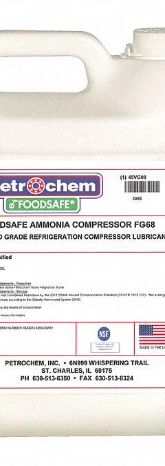 PETROCHEM Compressor Oil: 1 gal, Jug, 20 SAE Grade, 68 ISO Viscosity Grade, 198 Viscosity Index (MPN FS AMMONIA COMPRESSOR FG-68-001). Key specifications — attr59744: 198; attr59746: 68; attr59736: Yes; attr59735: Jug; attr59738: Ammonia Compressor FG-68; attr59749: 20.