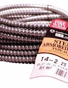 SOUTHWIRE Metal Clad Cable: 14 AWG, 2 Conductors, Copper, 25 ft, Galvanized Steel, Std, THHN (MPN 55278321). Key specifications — Brand: SOUTHWIRE.
