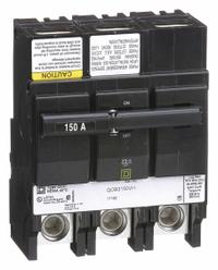 SQUARE D Miniature Circuit Breaker: 150 A, 120/240V AC, Three Phase, 22kA at 120/240V AC, 3 Poles (MPN QOB3150VH). Key specifications — Phase: Three; Amps: 150 A; AC Voltage Rating: 120/240V AC; Max. AIR Rating: 22kA at 120/240V AC; For Use With: Square D NQOD Panelboards; Brand: SQUARE D.