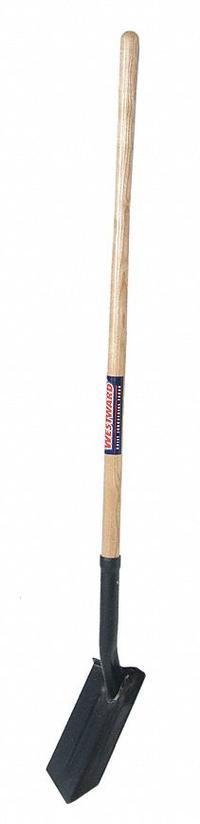 WESTWARD Trenching Shovel: Steel Blade, 14 ga, Straight Handle Type, Wood Handle, 48 in Handle Lg (MPN 12U496). Key specifications — Blade Color: Black; Handle Color: Natural; Blade Material: Steel.