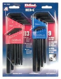EKLIND Hex Key Set: 16 or More Pieces, Hex-L Long, L, Metric and SAE, Std End, Long, 22 Pieces (MPN 10222). Key specifications — attr1205553: Not Tether Capable; attr1205554: EKLIND; attr1205568: Black Oxide; attr1293176: 16 or More Pieces.
