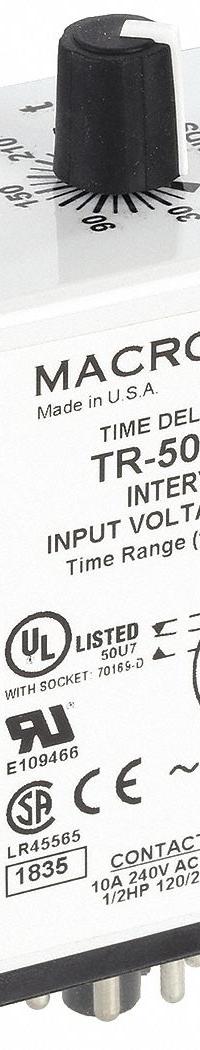 MACROMATIC Single Function Time Delay Relay: Socket Mounted, 240V AC, 10 A, 8 Pins/Terminals (MPN TR-50521-12). Key specifications — Brand: MACROMATIC.