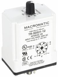 MACROMATIC Single Function Time Delay Relay: Socket Mounted, 240V AC, 10 A, 8 Pins/Terminals (MPN TR-50521-12). Key specifications — Brand: MACROMATIC.